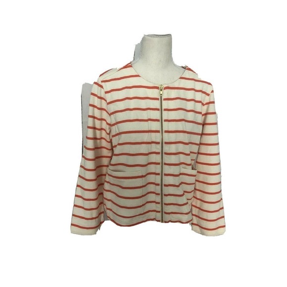 LANDS END Women's Size 14 Sweater Ivory and Orange 100% Cotton Zip Up Cardigan - Picture 1 of 6